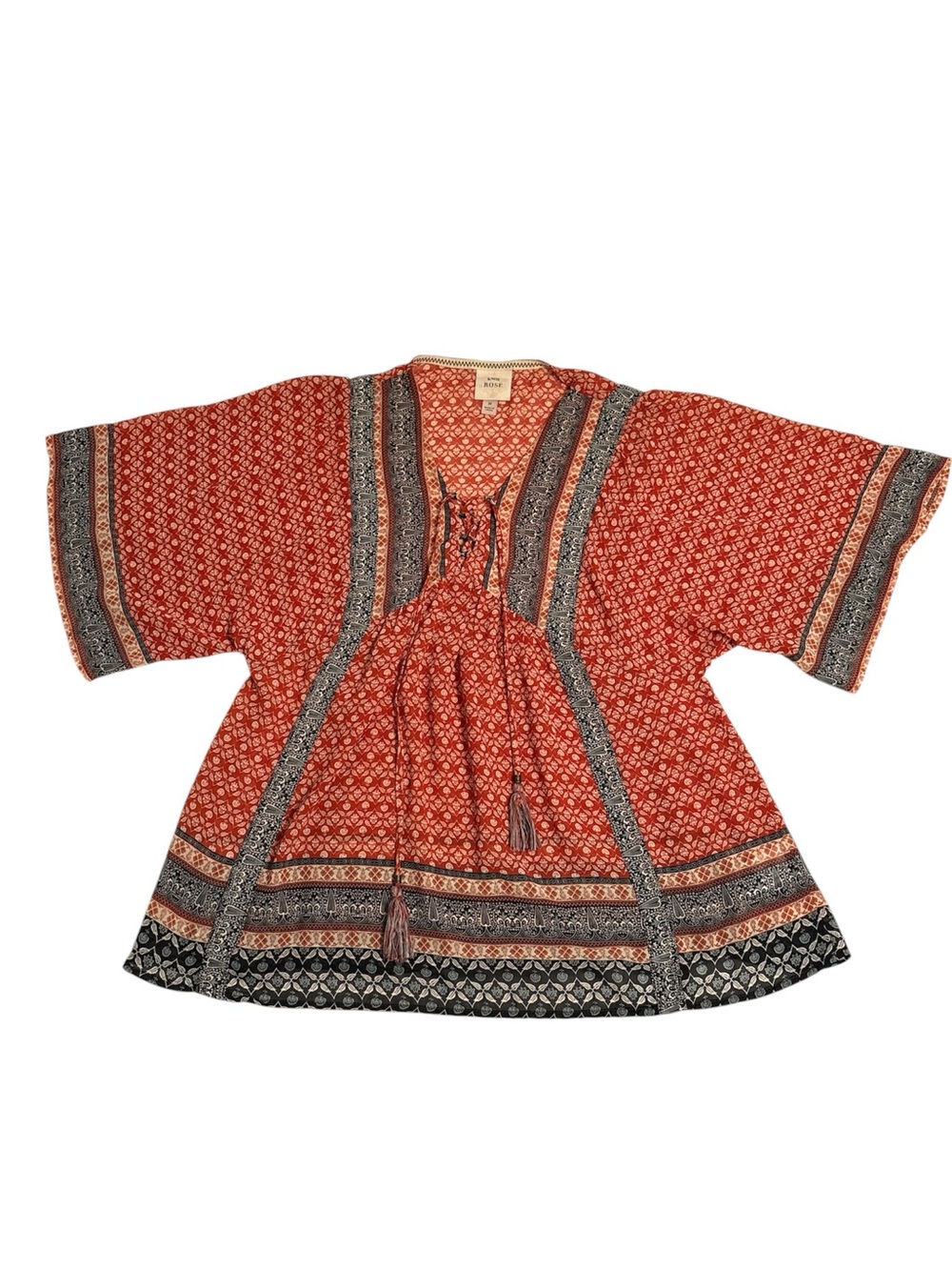 Knox Rose Boho Chic Red Bohemian Print Western Prairie Tassel Kaftan Size M